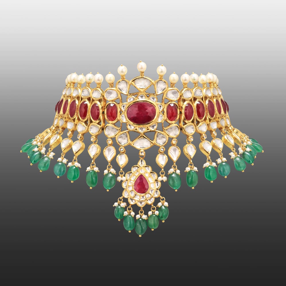 Polki Choker with Ruby Cabochon and Emerald Beads