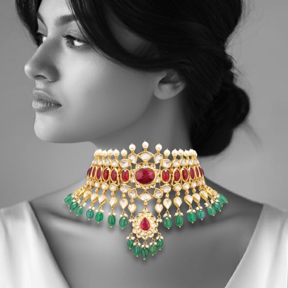 Polki Choker with Ruby Cabochon and Emerald Beads