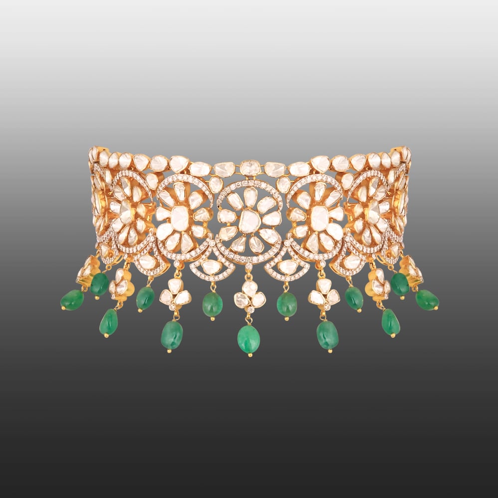 Floral Polki Choker with Emerald Beads