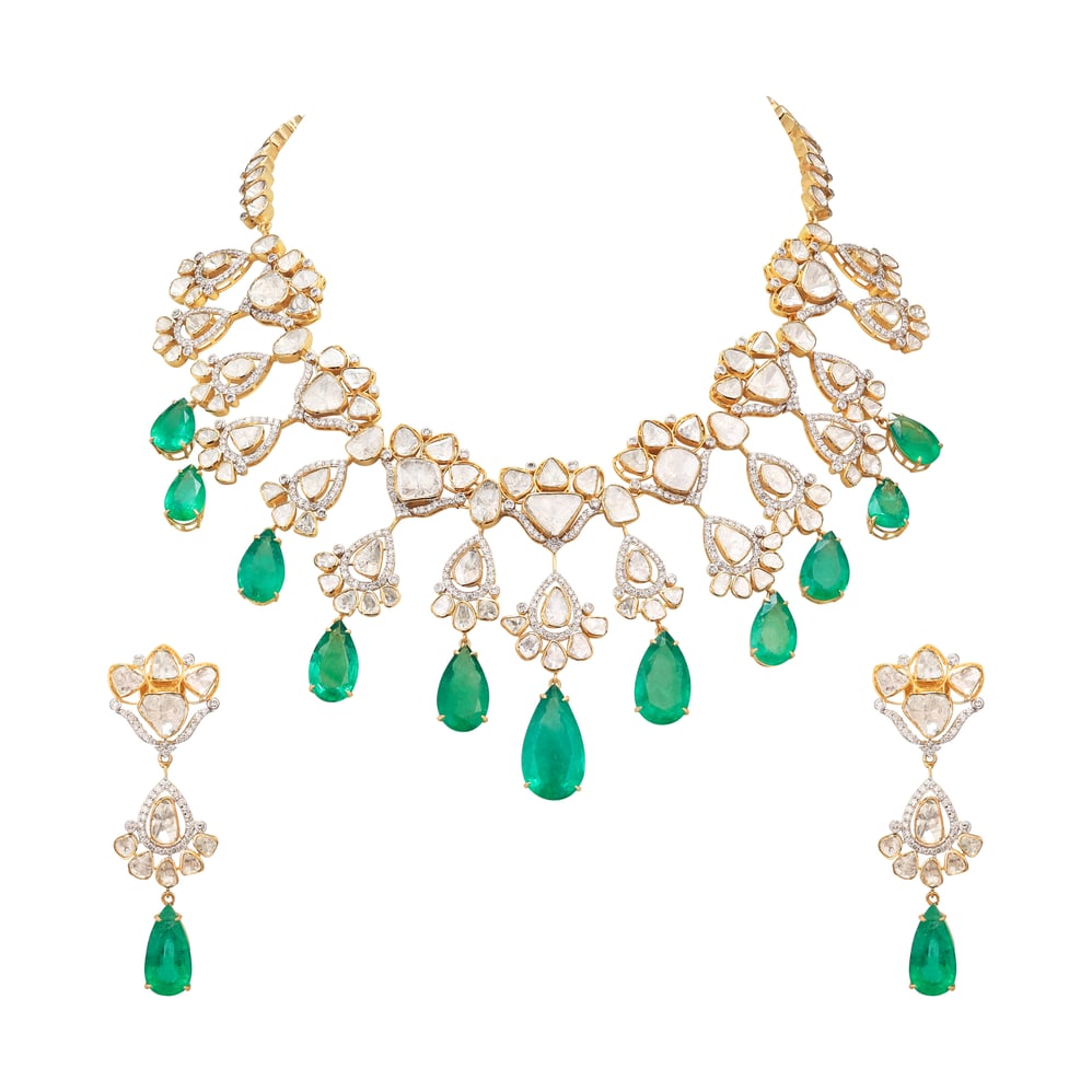 Faceted Emerald and Open Polki Bridal Necklace