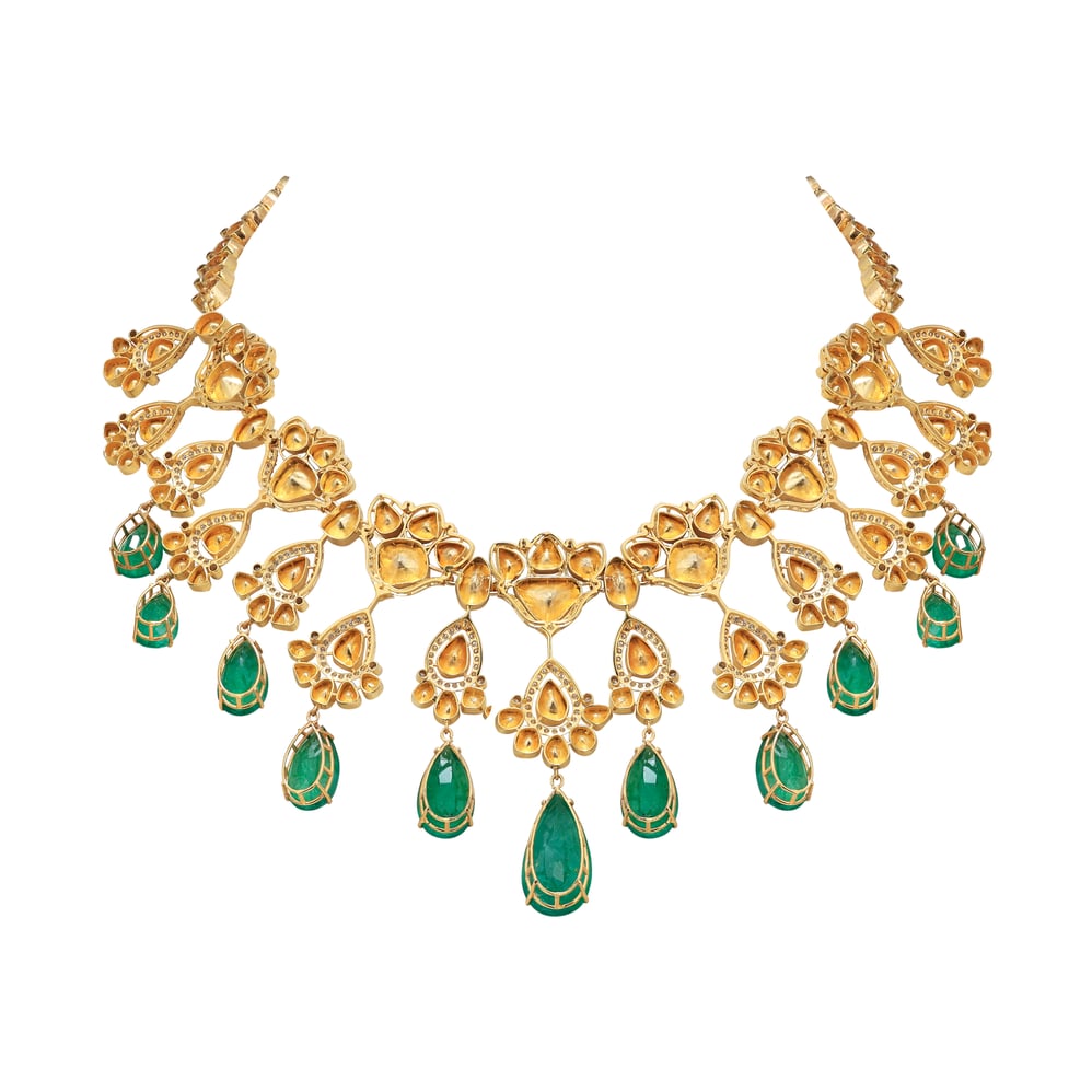 Faceted Emerald and Open Polki Bridal Necklace