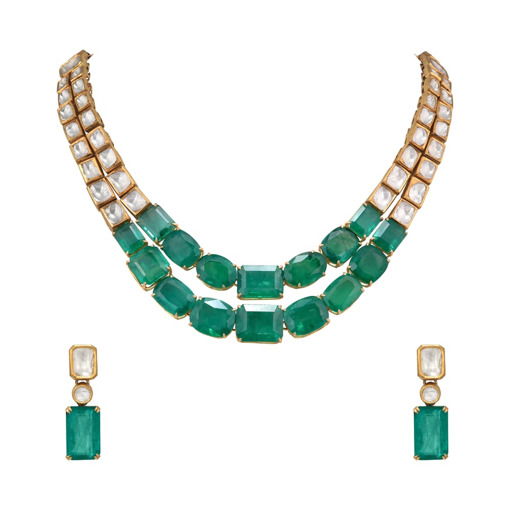 Emerald and Polki Double-Line Necklace