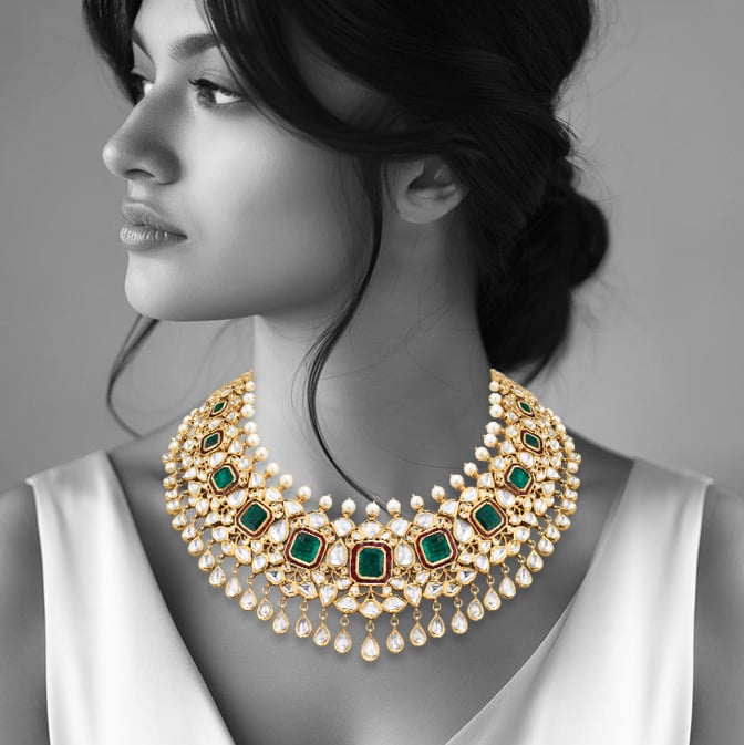 Traditional Polki Jadau with Emerald-Ruby Accents