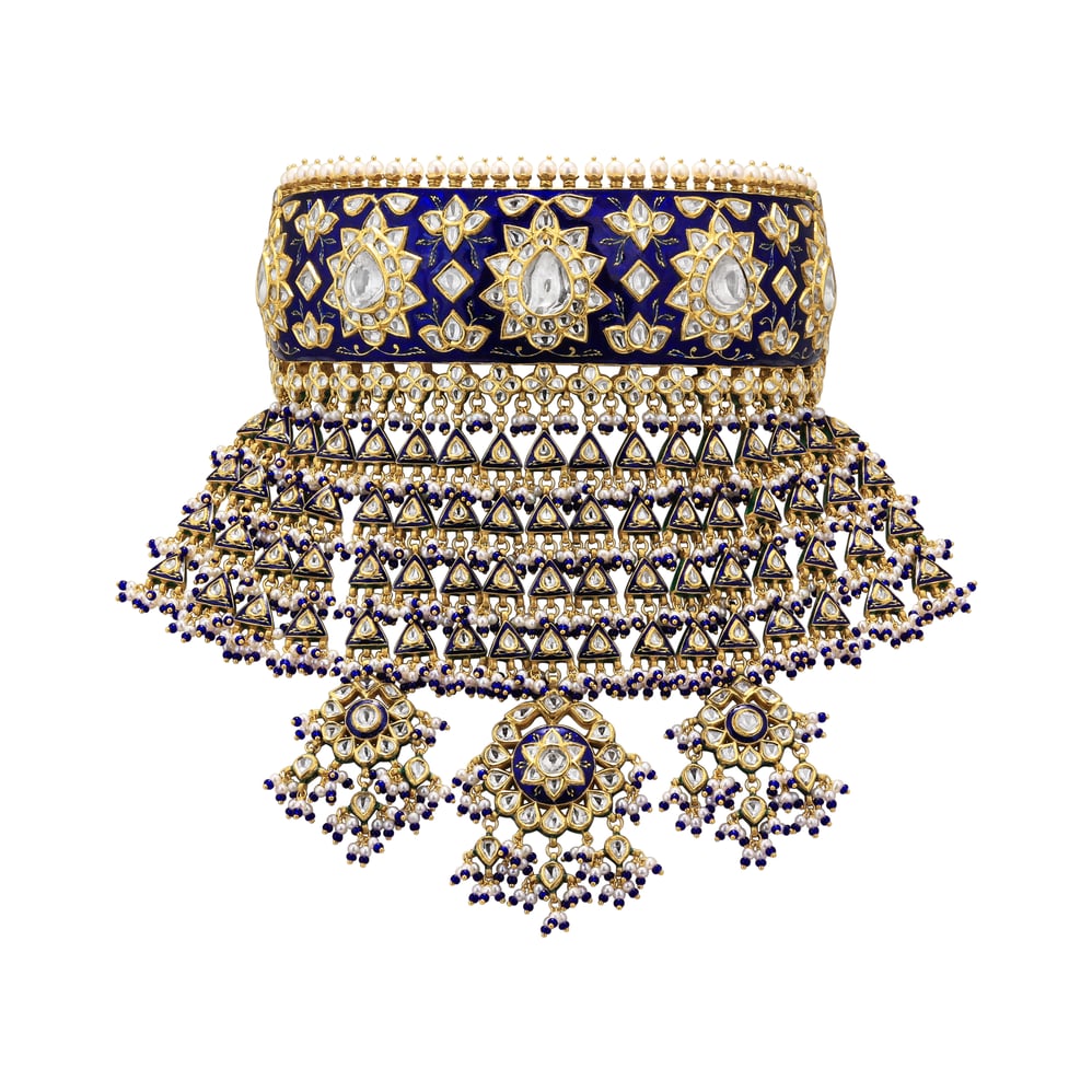 Blue Meenakari Choker with Triangular Polki Layers