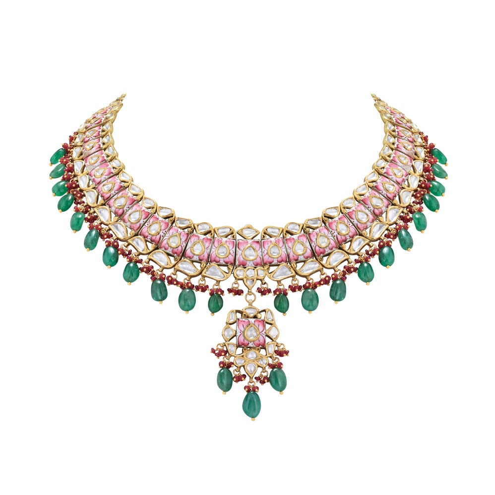 Pink Floral Polki Necklace with Emerald Maniya and Red Beads