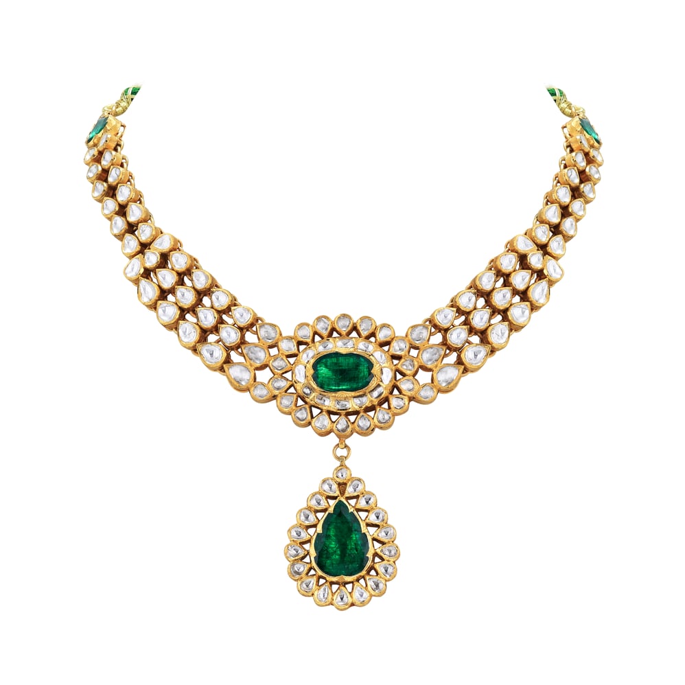 Pear Polki Necklace with Emerald Drop