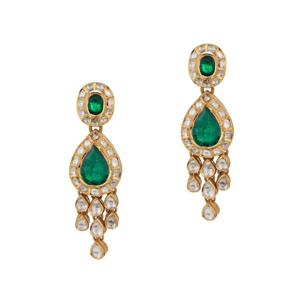 Emerald Polki Earring with Drops