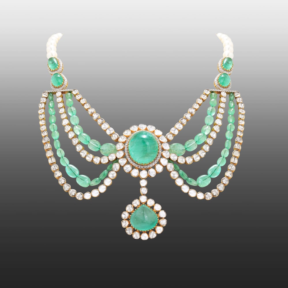 Cabochon Emerald Collar with Polki Layering