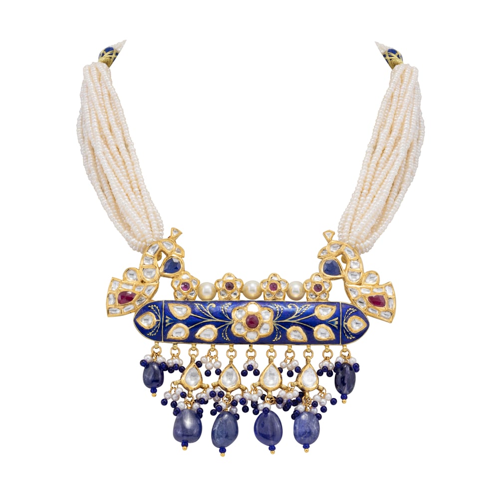 Blue Peacock Meenakari Pendant with Sapphire and Pearls