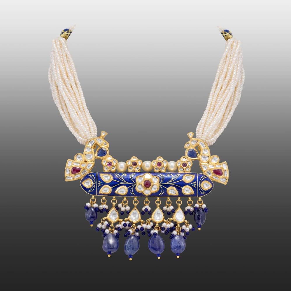 Blue Peacock Meenakari Pendant with Sapphire and Pearls
