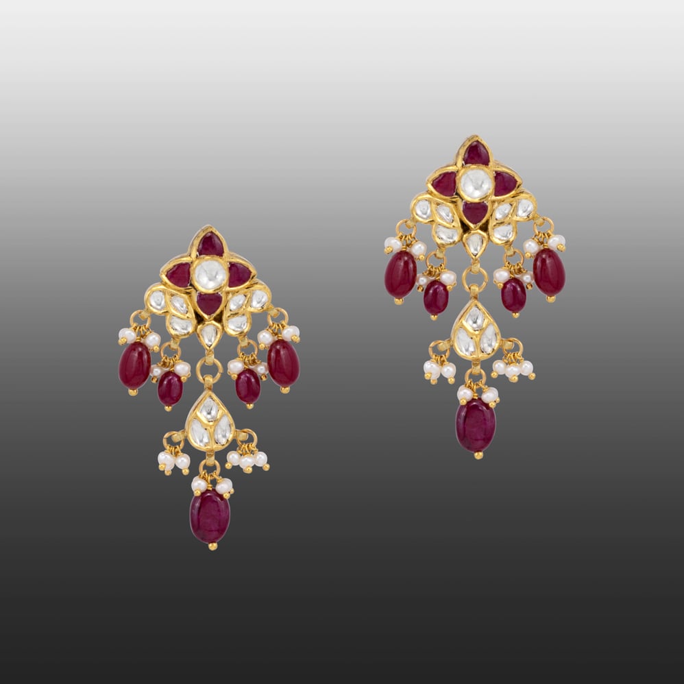 Cascading Ruby and Polki Floral Drop Earrings
