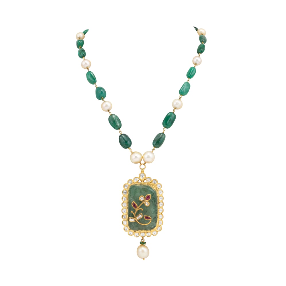 Emerald and Pearl Necklace with Ruby Floral Inlay