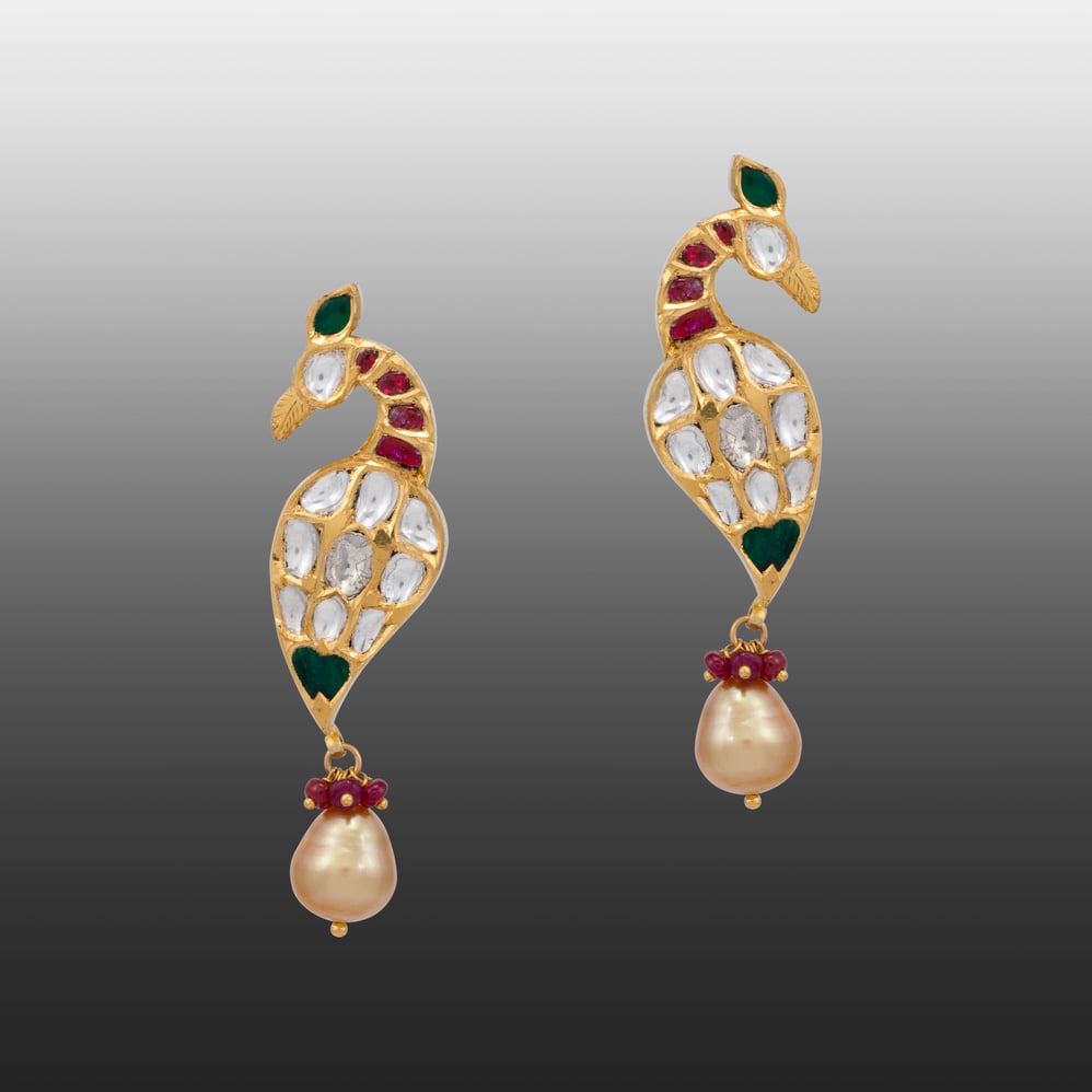 Peacock Motif Earrings with Uncut Polki and Pearl