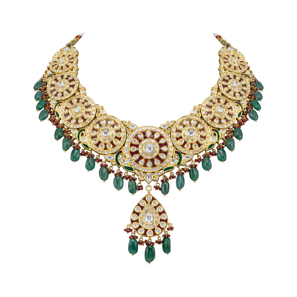 Polki Roundel Necklace with Ruby and Emerald Beads