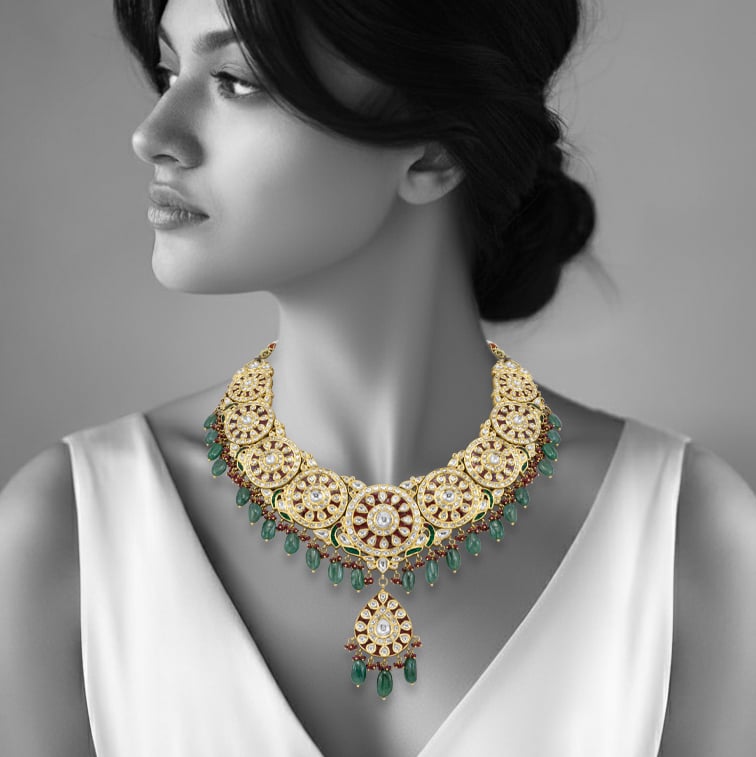Polki Roundel Necklace with Ruby and Emerald Beads