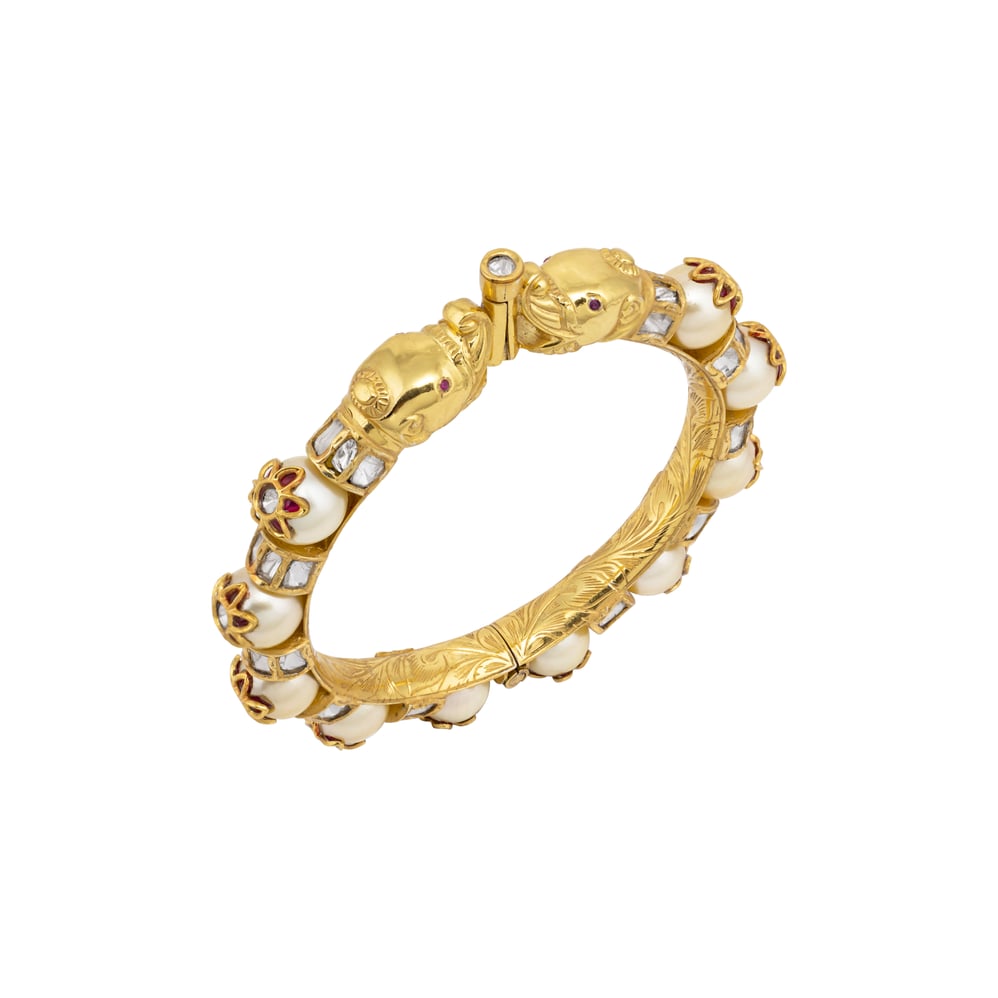 Pearl Inlay Gold Kada with Polki Baguettes