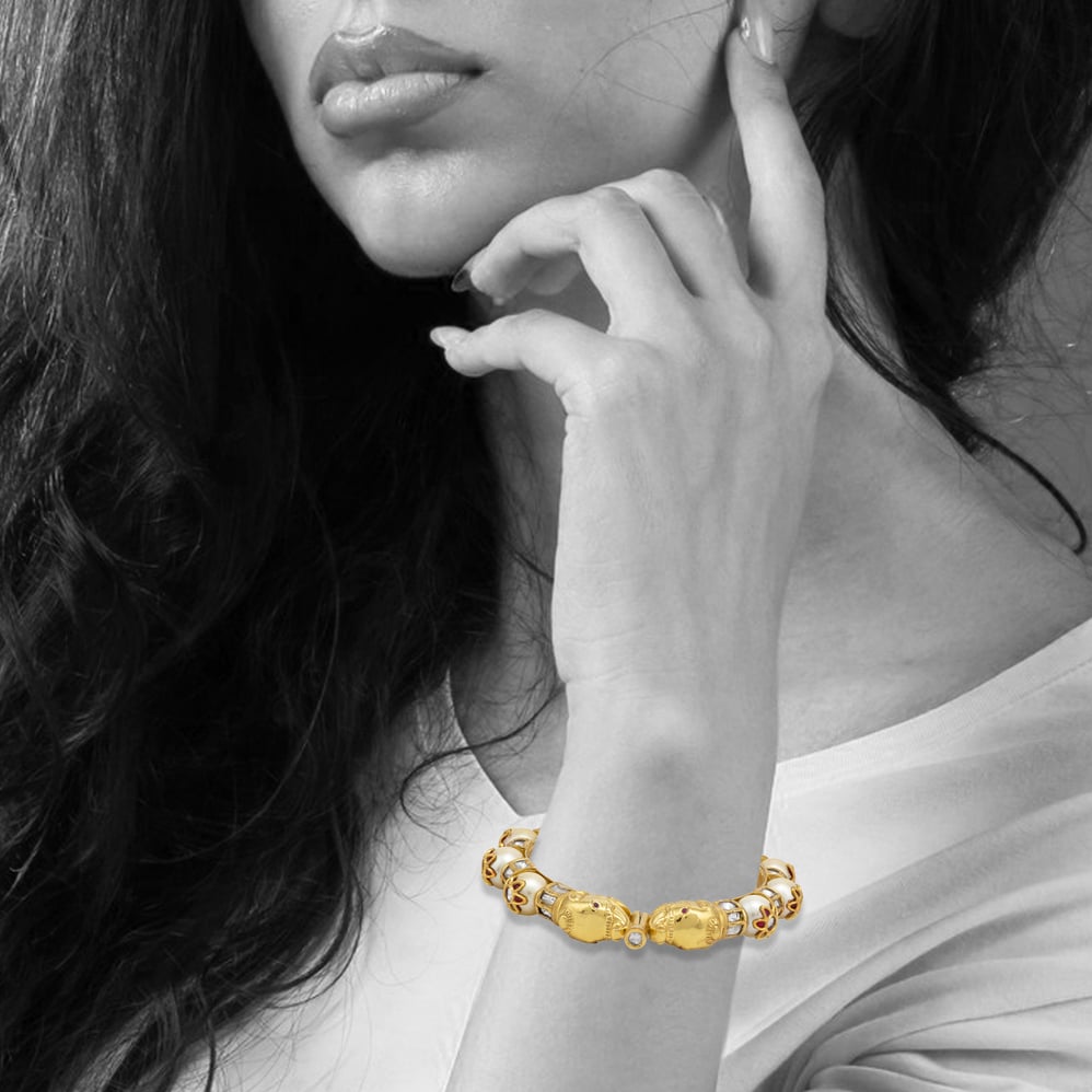 Pearl Inlay Gold Kada with Polki Baguettes