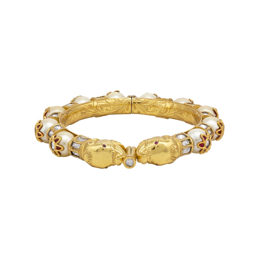Pearl Inlay Gold Kada with Polki Baguettes