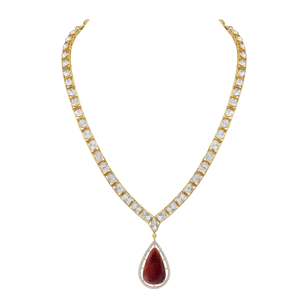 Single-Line Polki Necklace with Tourmaline Drop