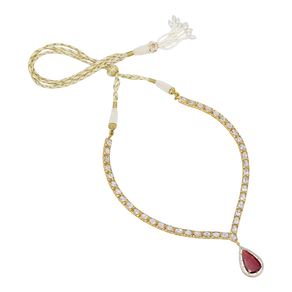 Single-Line Polki Necklace with Tourmaline Drop