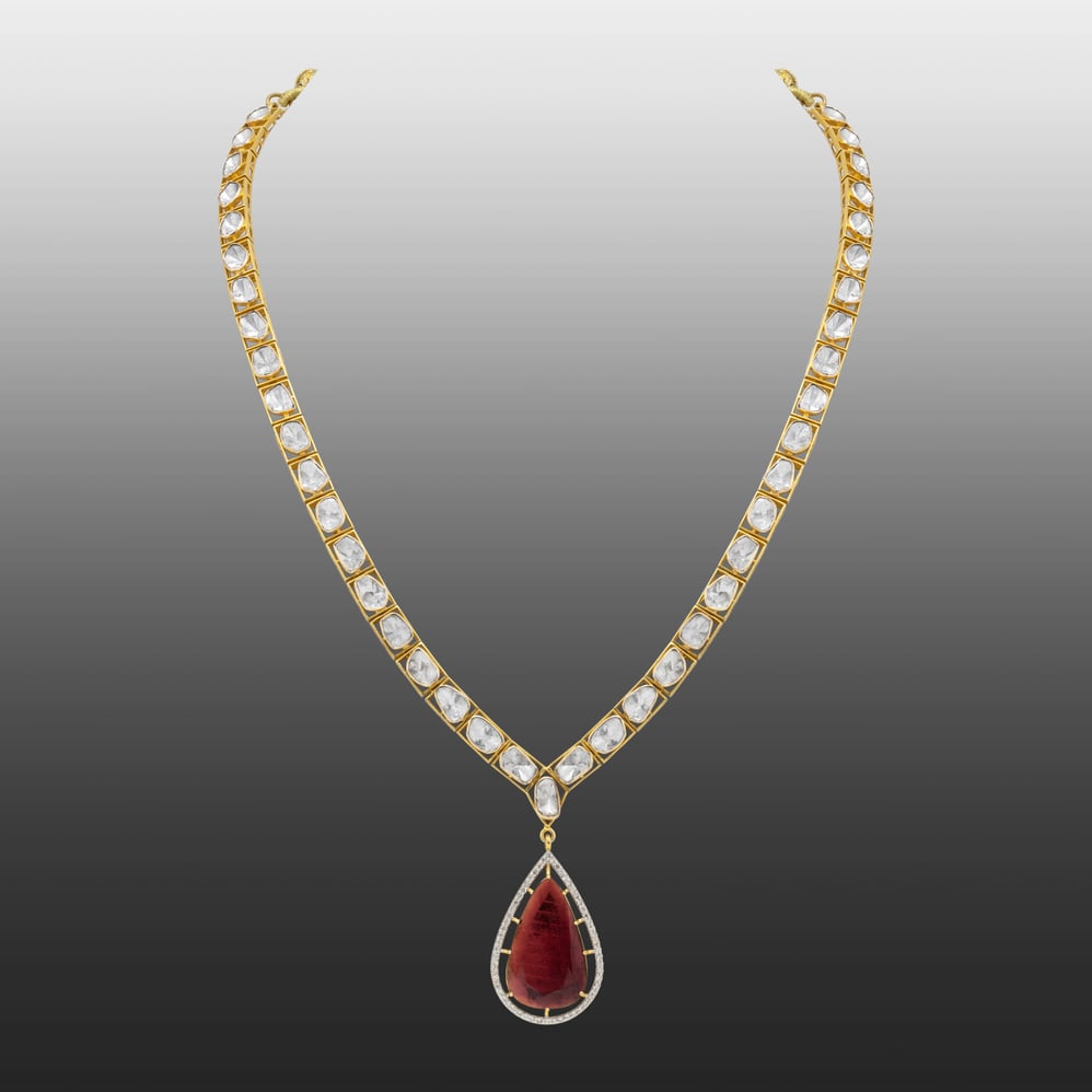 Single-Line Polki Necklace with Tourmaline Drop