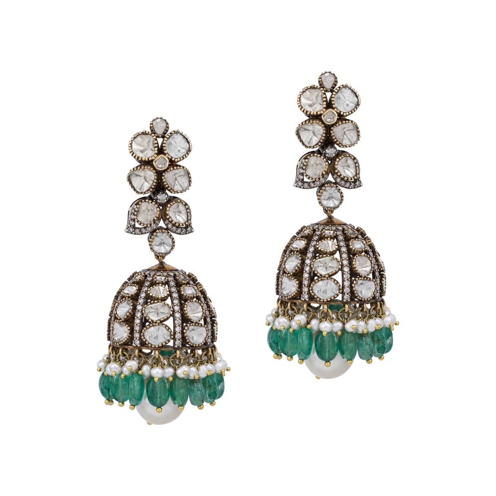 Polki and Emerald Bead Jhumkas