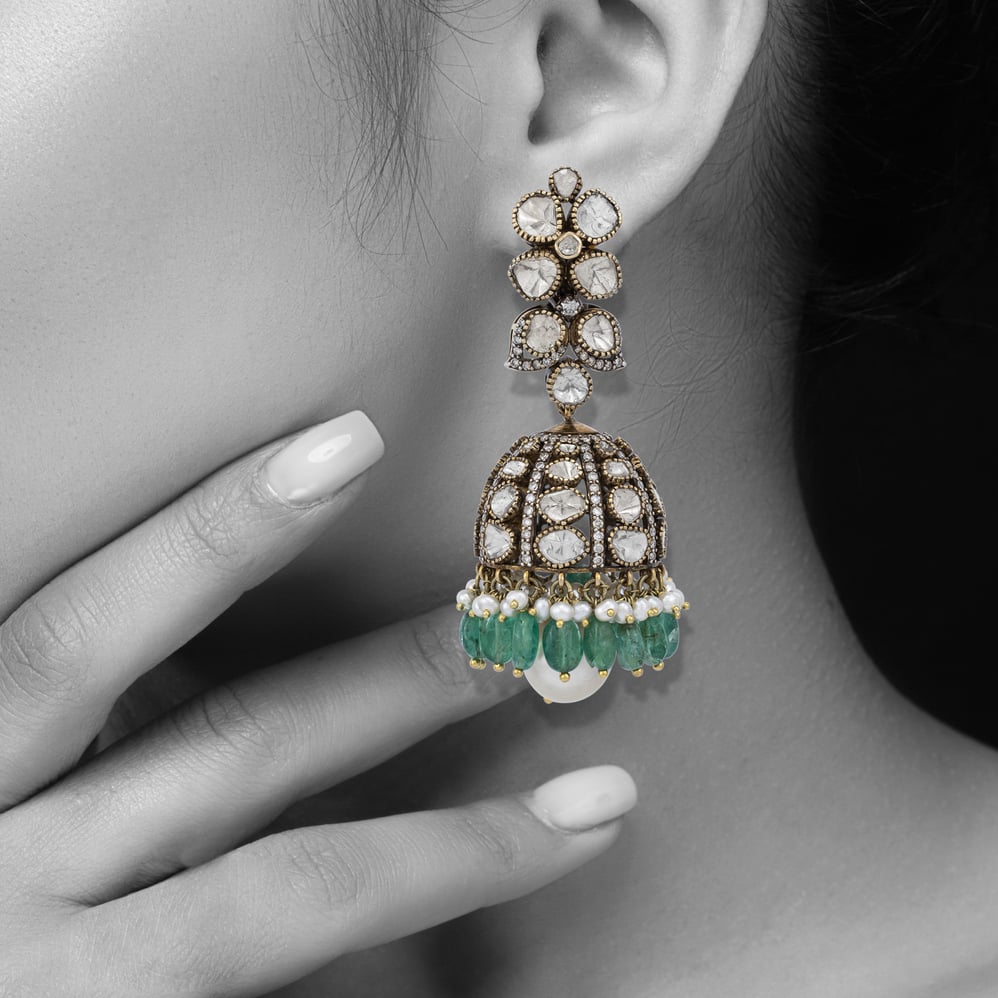 Polki and Emerald Bead Jhumkas