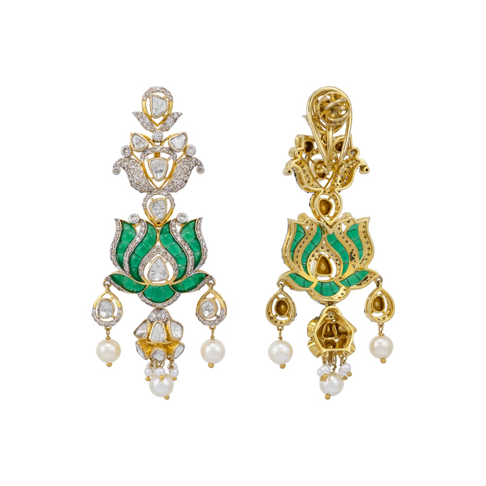 Polki Lotus Danglers with Japanese Pearl Drops