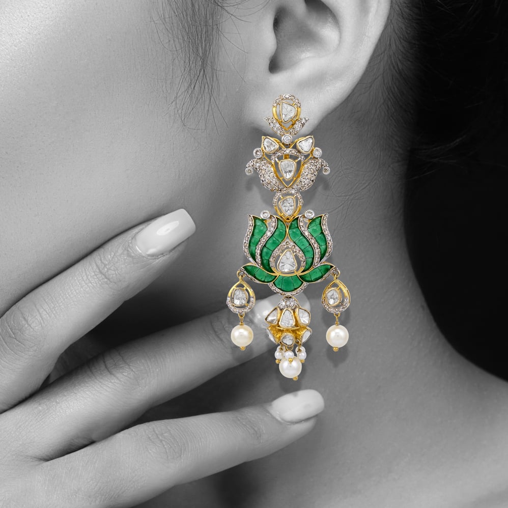 Polki Lotus Danglers with Japanese Pearl Drops