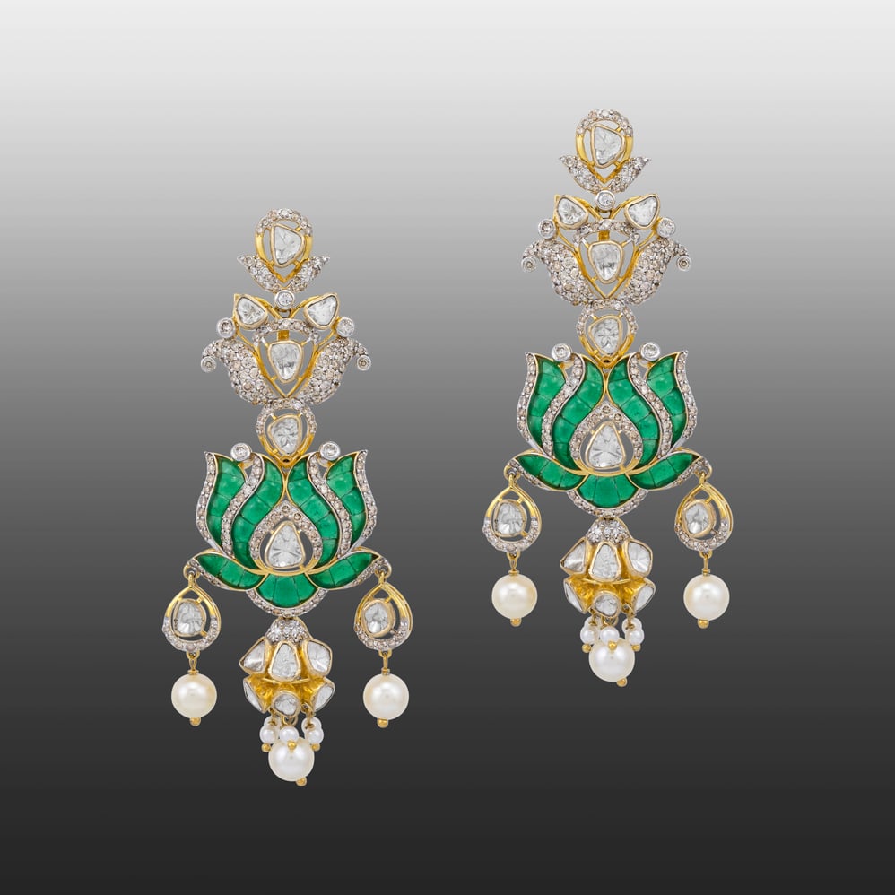 Polki Lotus Danglers with Japanese Pearl Drops