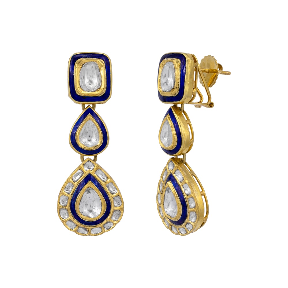 Three-Drop Polki Earrings with Enamel Detailing