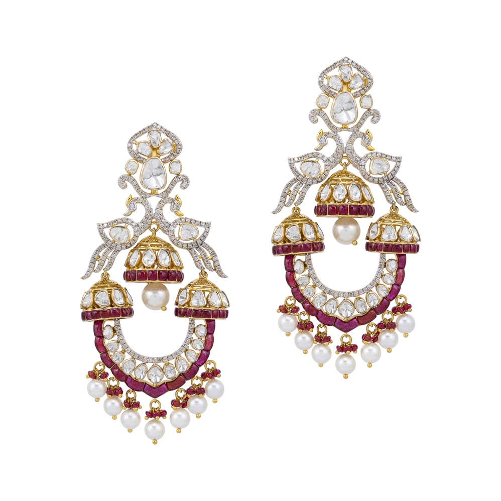 Ruby Bead and Pearl Danglers with Polki