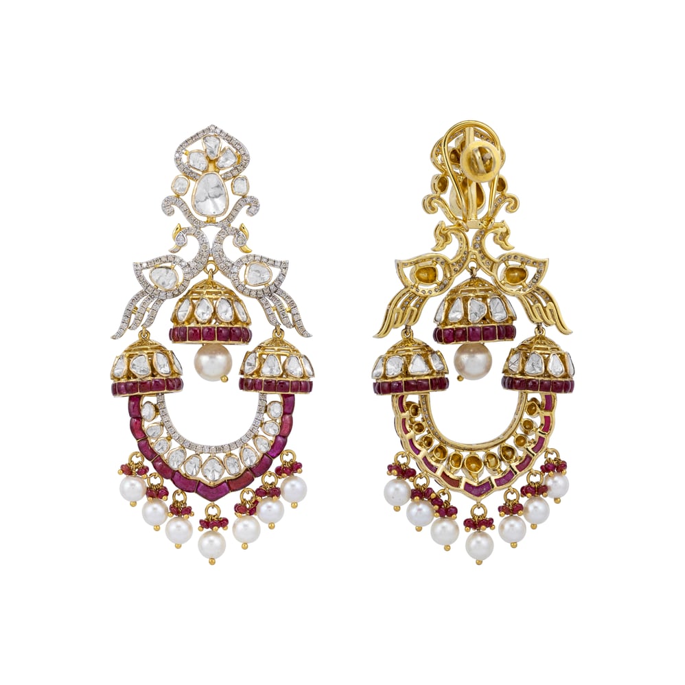 Ruby Bead and Pearl Danglers with Polki