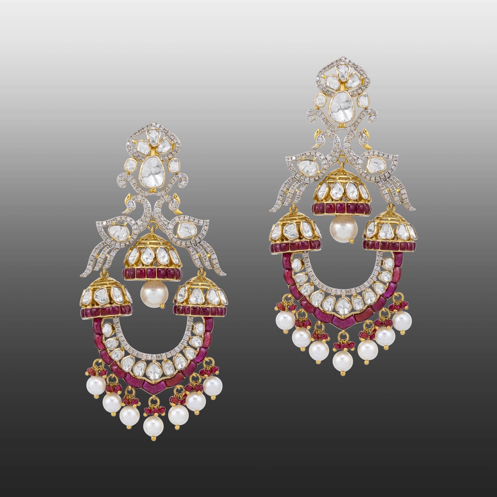 Ruby Bead and Pearl Danglers with Polki