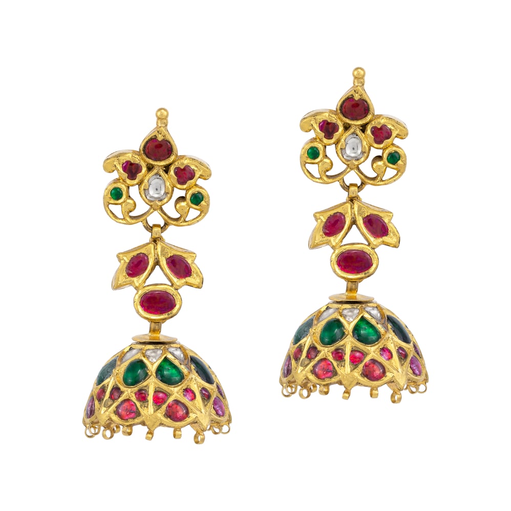 Yellow Gold Jhumkas with Emerald and Ruby