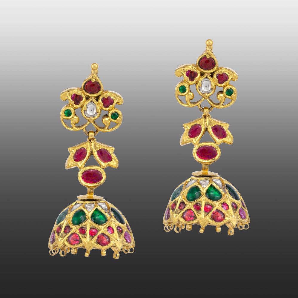 Yellow Gold Jhumkas with Emerald and Ruby