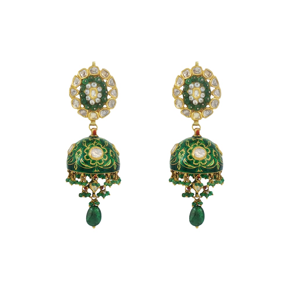 Emerald Bead Jhumkas with Polki Detailing