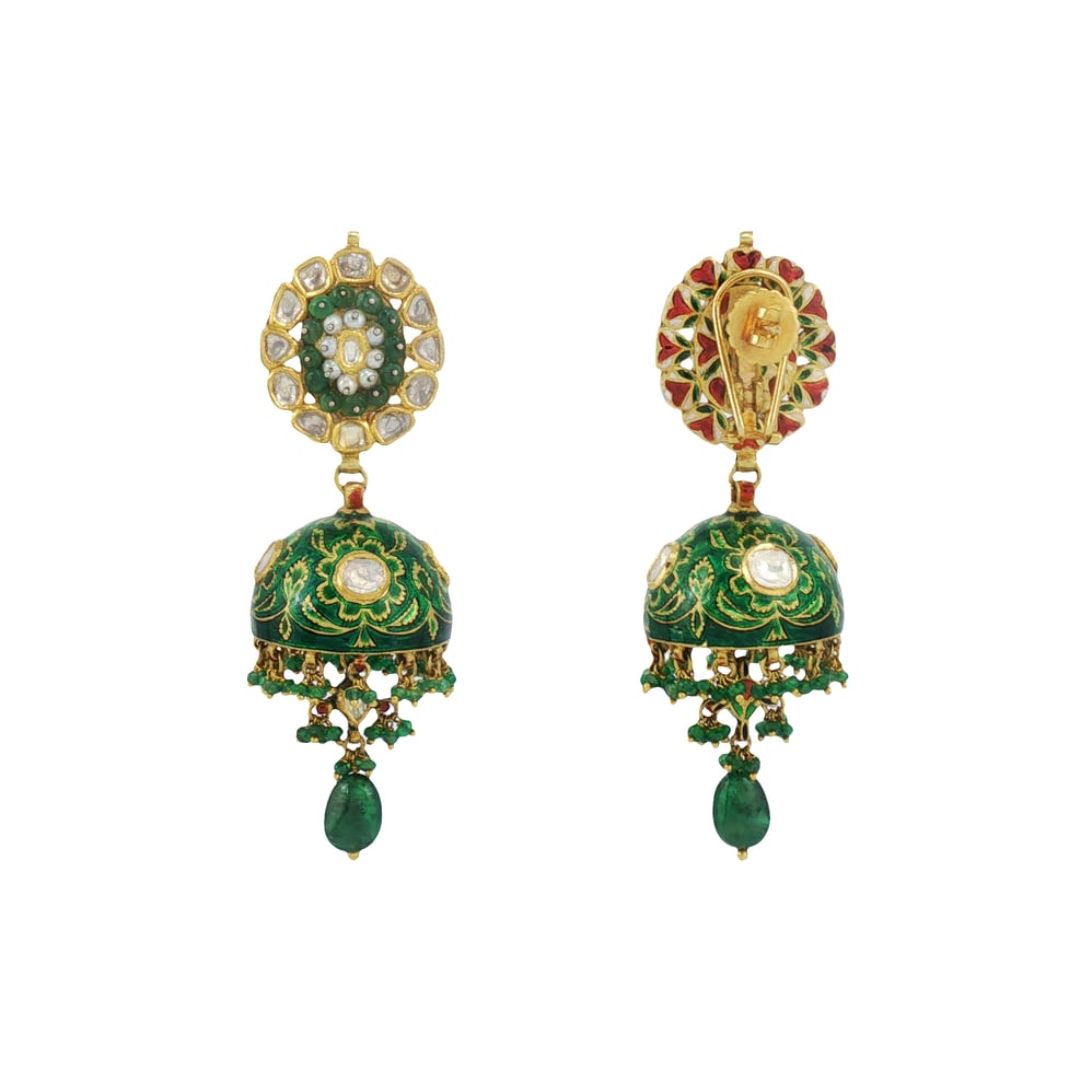 Emerald Bead Jhumkas with Polki Detailing