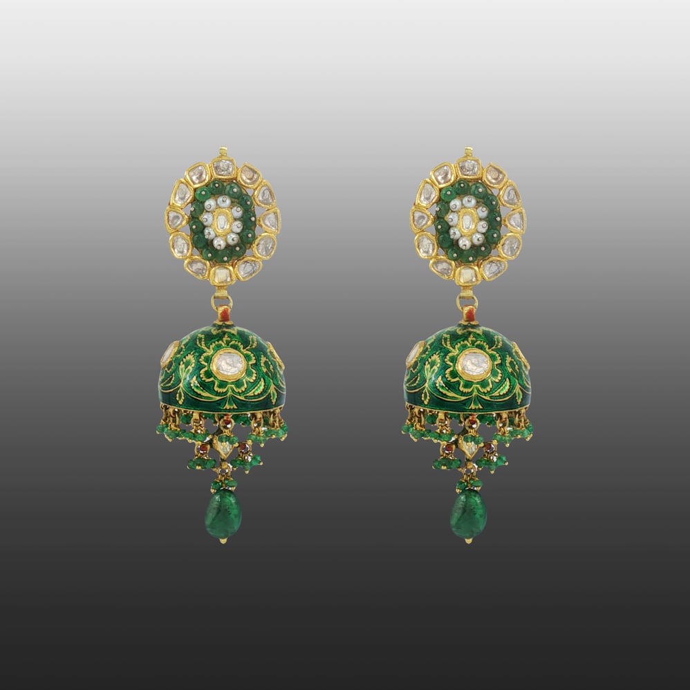 Emerald Bead Jhumkas with Polki Detailing