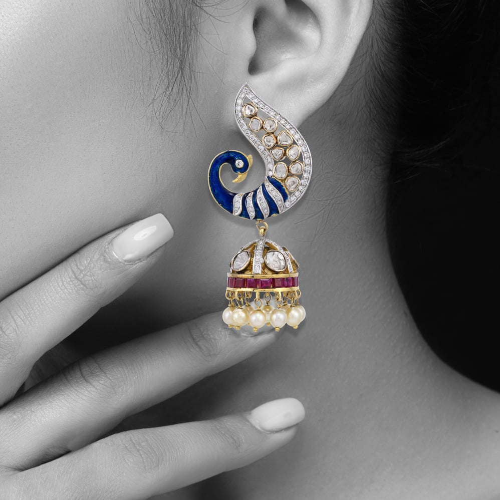 Peacock Danglers with Ruby and Japanese Pearls