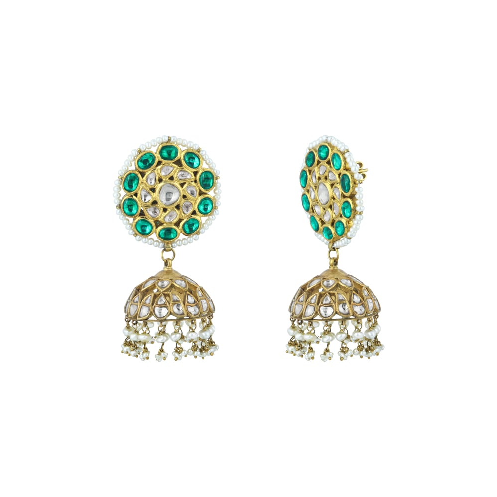 Emerald Polki Jhumkas with Pearl Fringe