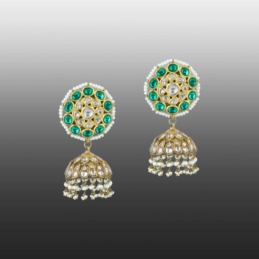 Emerald Polki Jhumkas with Pearl Fringe