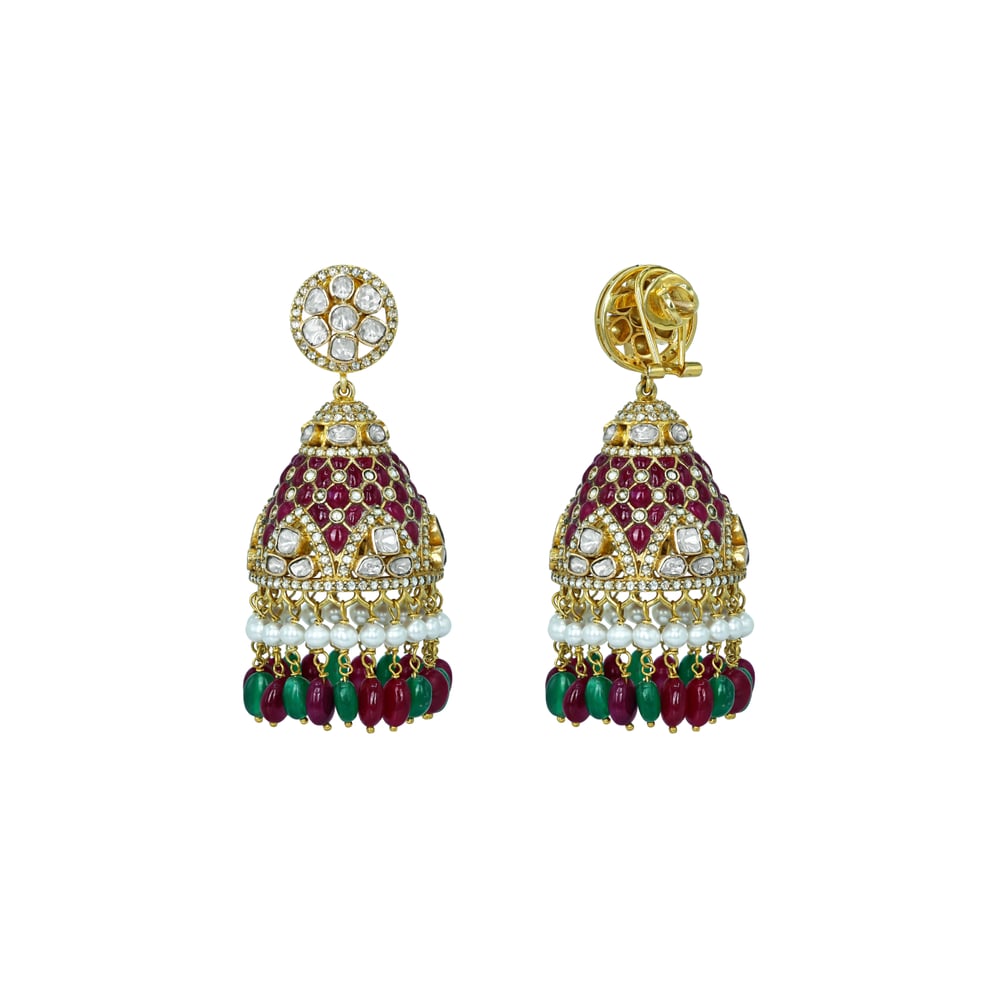 Ruby and Emerald Jhumkas with Polki Studs
