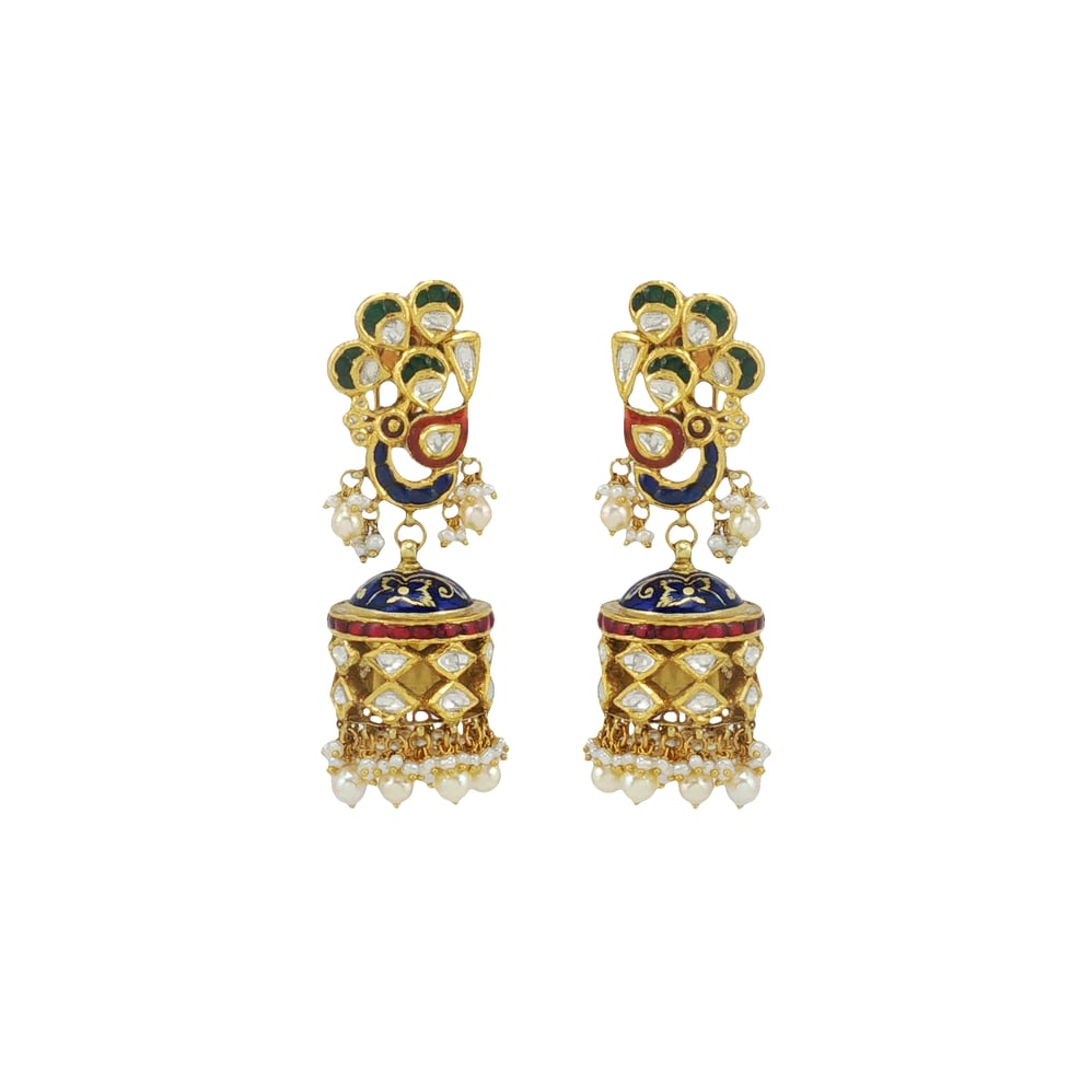 Enamel Polki Jhumkas with Pearls