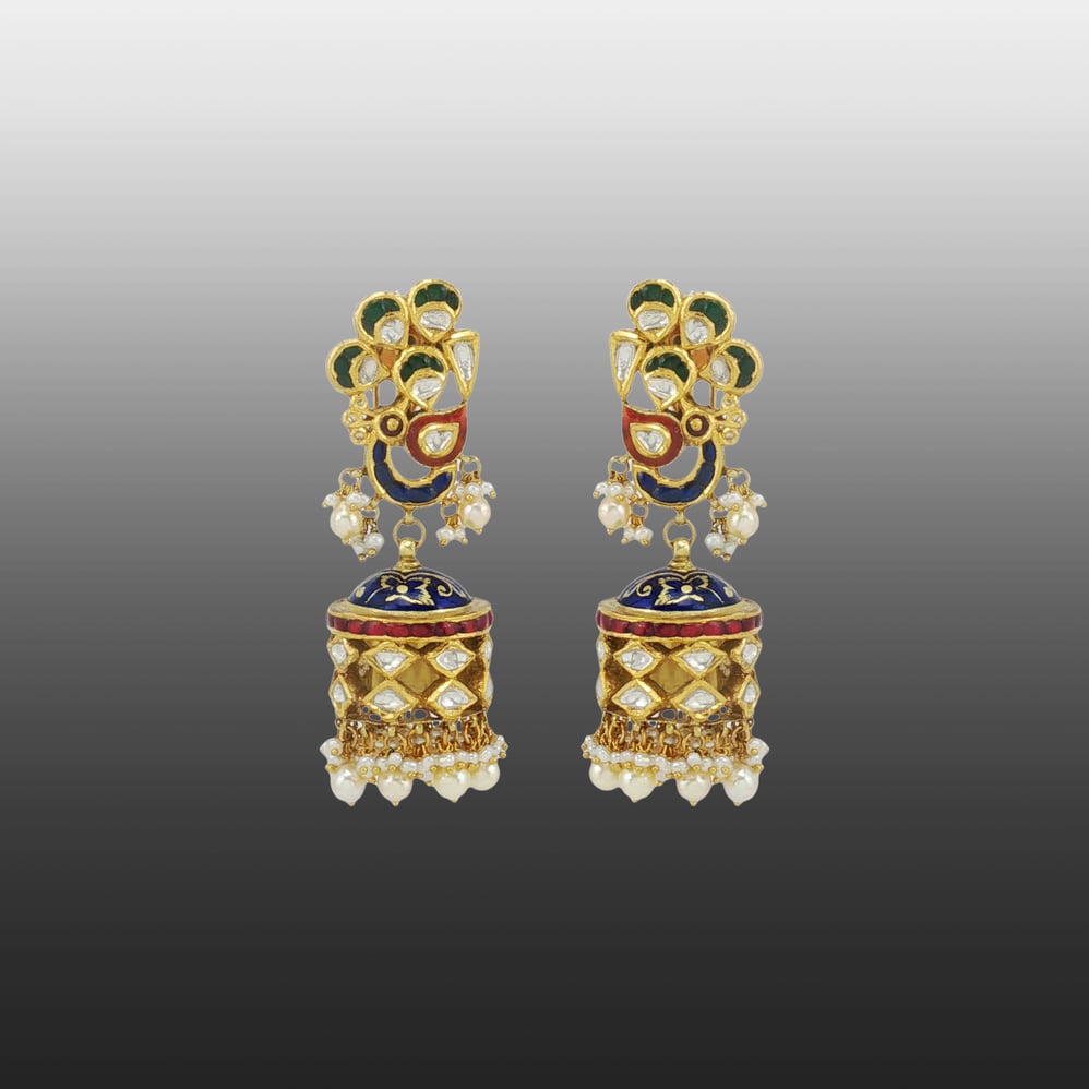 Enamel Polki Jhumkas with Pearls