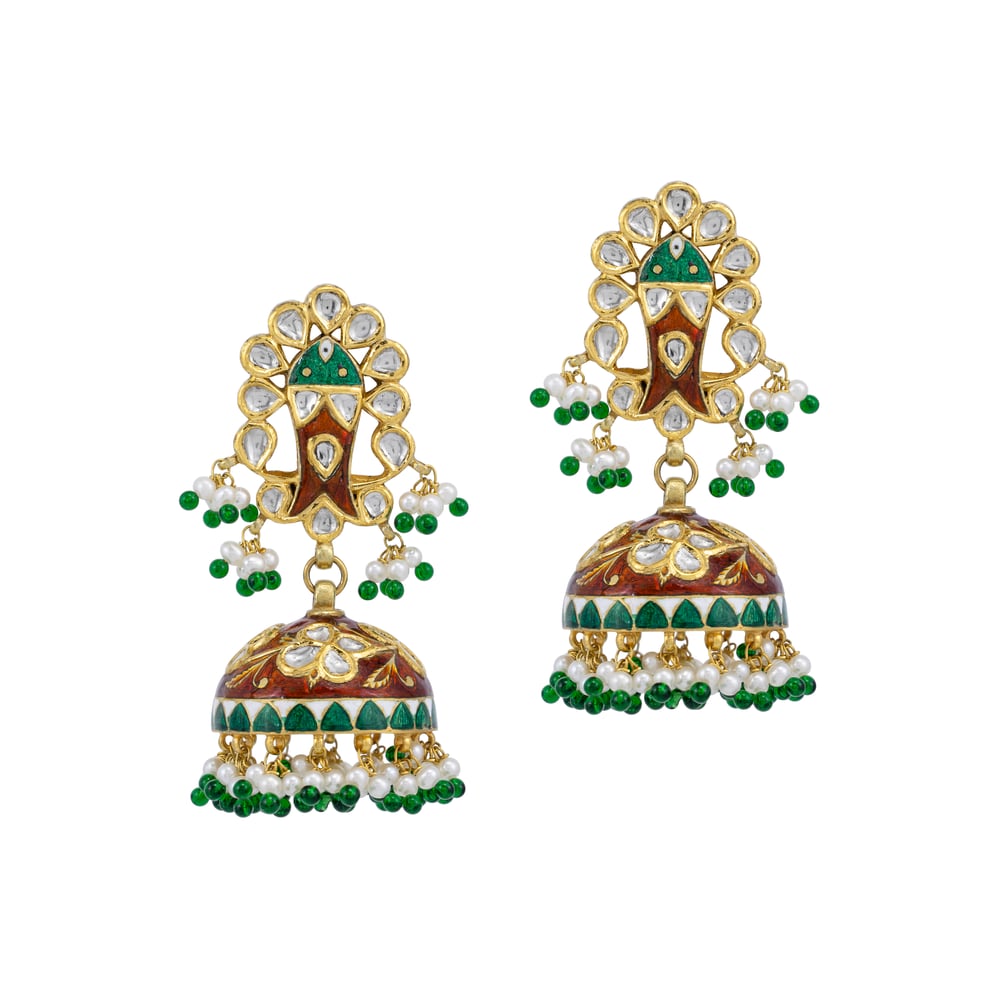 Floral Polki Jhumkas with Pearl fringe