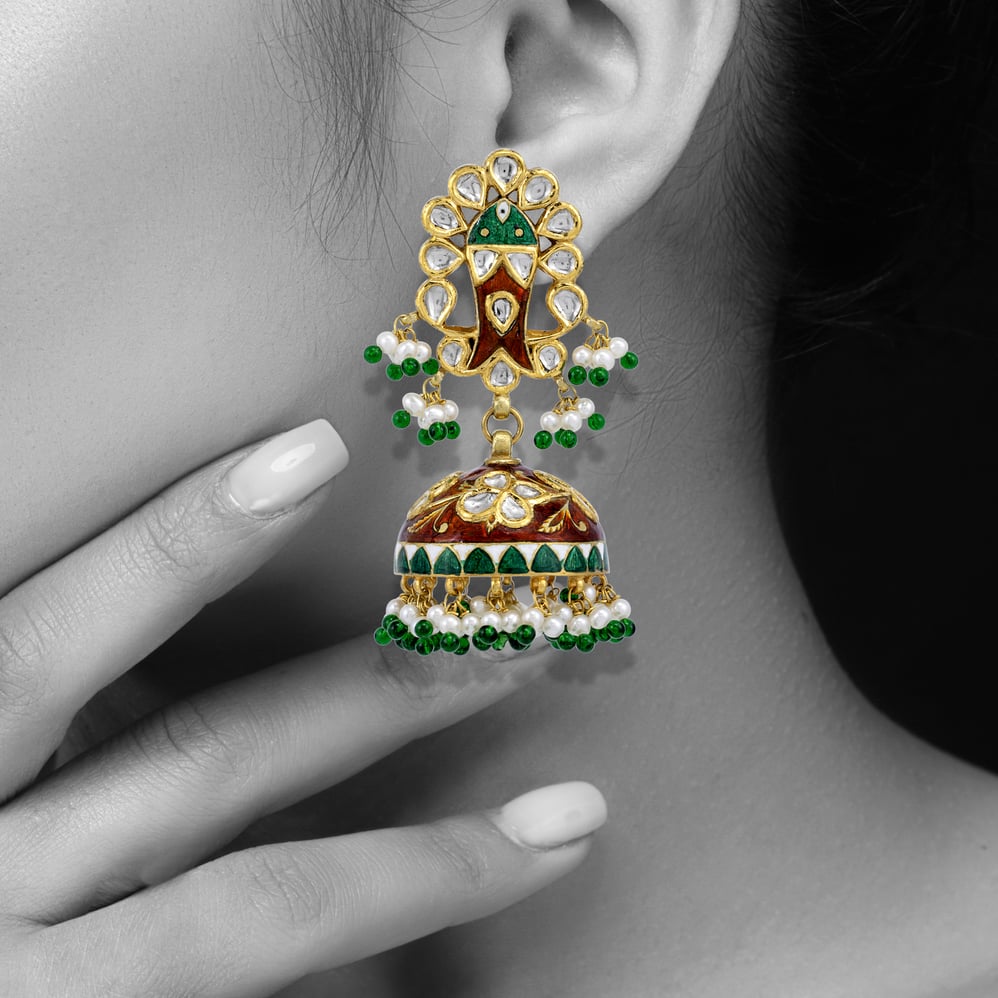 Floral Polki Jhumkas with Pearl fringe