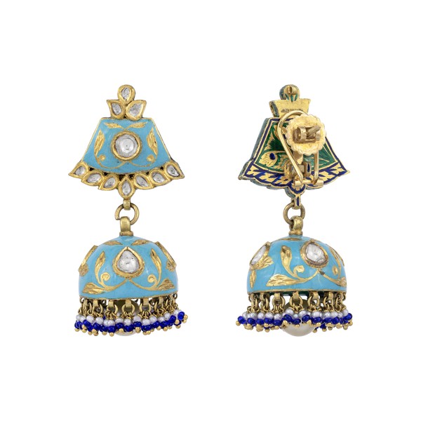 Blue Enamel Jhumkas with South Sea Pearls