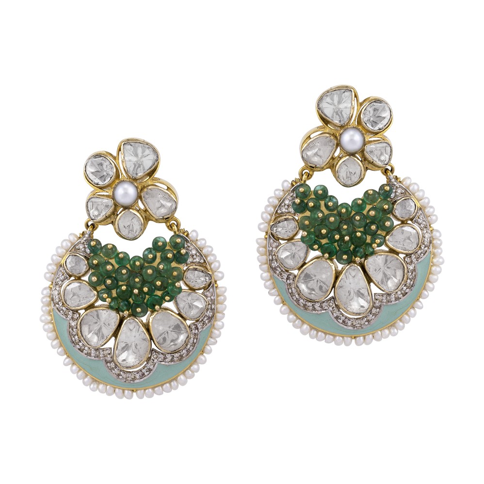 Emerald Bead Cluster Studs with Meenakari