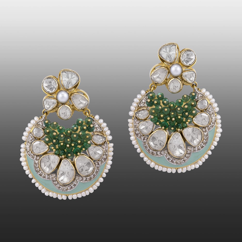 Emerald Bead Cluster Studs with Meenakari
